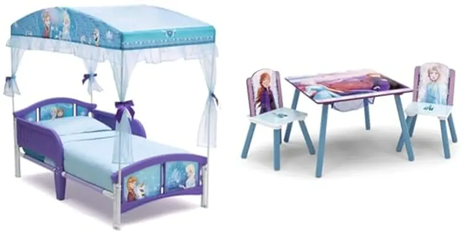 Delta Children Canopy Toddler Bed, Disney Frozen & Kids Table and Chair Set with Storage (2 Chairs Included) - Ideal for Arts & Crafts, Snack Time, Homeschooling, Homework & More, Disney Frozen II