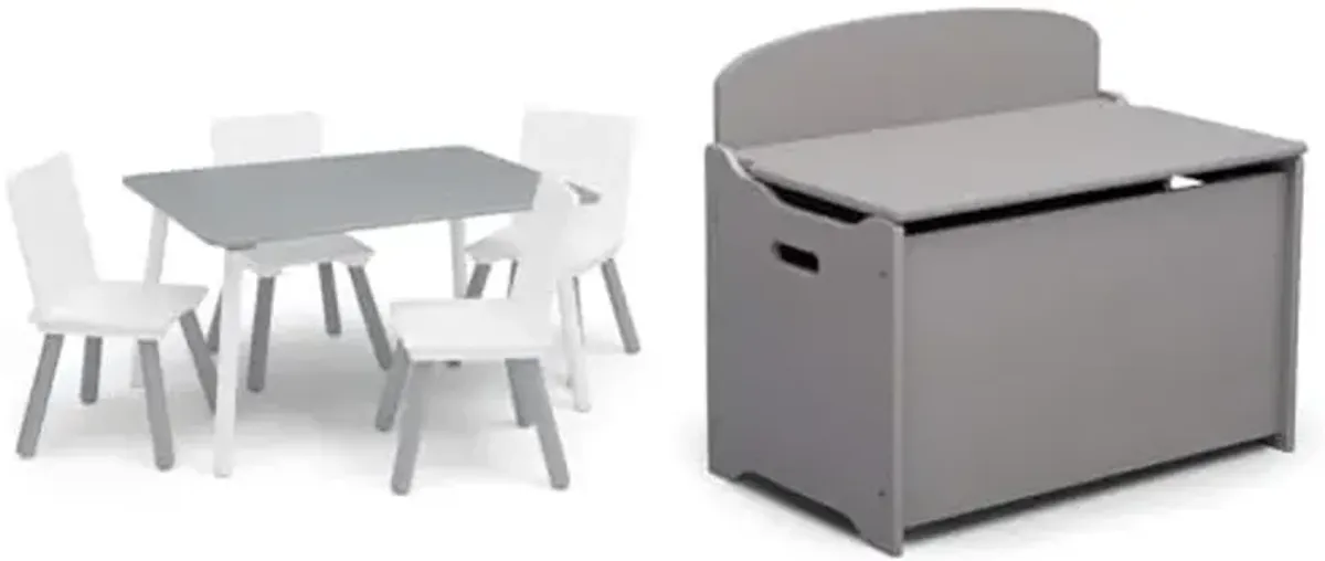 Delta Children Kids Table and Chair Set (4 Chairs Included) - Ideal for Arts & Crafts, Snack Time, Homeschooling, Homework & More, Grey/White & MySize Deluxe Toy Box - Greenguard Gold Certified, Grey