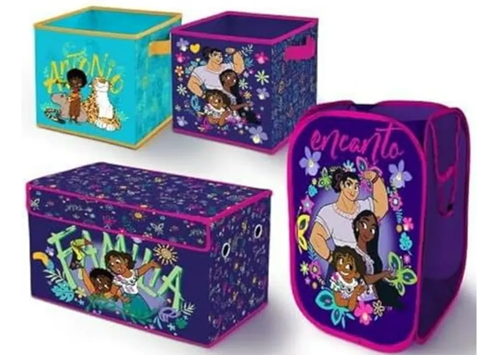 Idea Nuova Disney Encanto 4 Piece Kids Room Collapsible Storage Set with Trunk,Pop Up Hamper and 2 Cubes