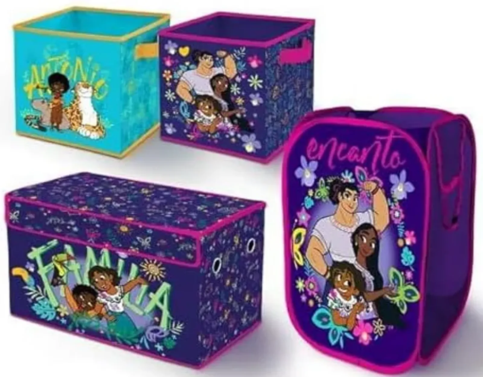 Idea Nuova Disney Encanto 4 Piece Kids Room Collapsible Storage Set with Trunk,Pop Up Hamper and 2 Cubes