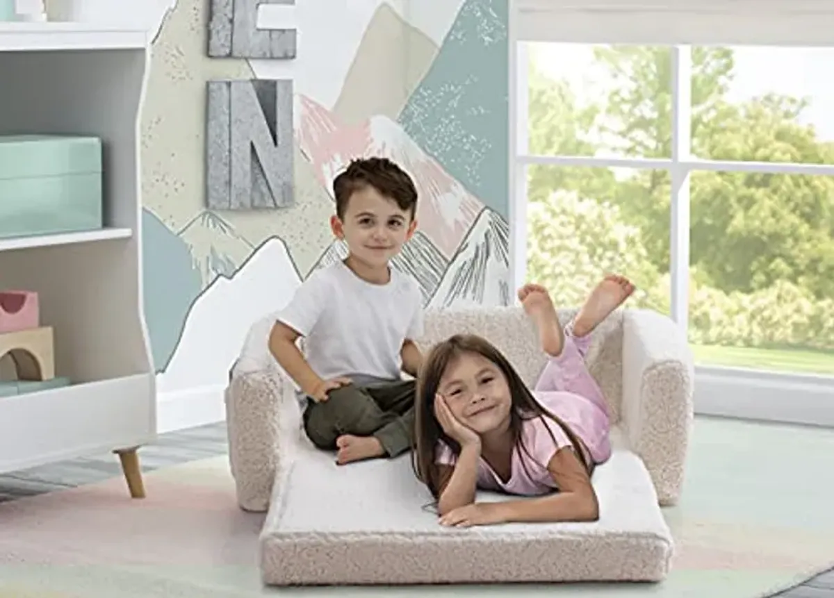 Delta Children Cozee Flip-Out Sherpa 2-in-1 Convertible Sofa to Lounger for Kids, Cream & MySize Kids Wood Table and Chair Set (2 Chairs Included) - Ideal for Arts & Crafts