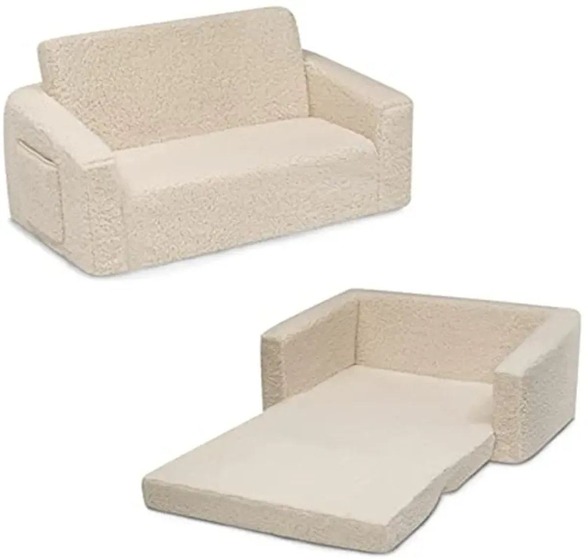 Delta Children Cozee Flip-Out Sherpa 2-in-1 Convertible Sofa to Lounger for Kids, Cream & MySize Kids Wood Table and Chair Set (2 Chairs Included) - Ideal for Arts & Crafts