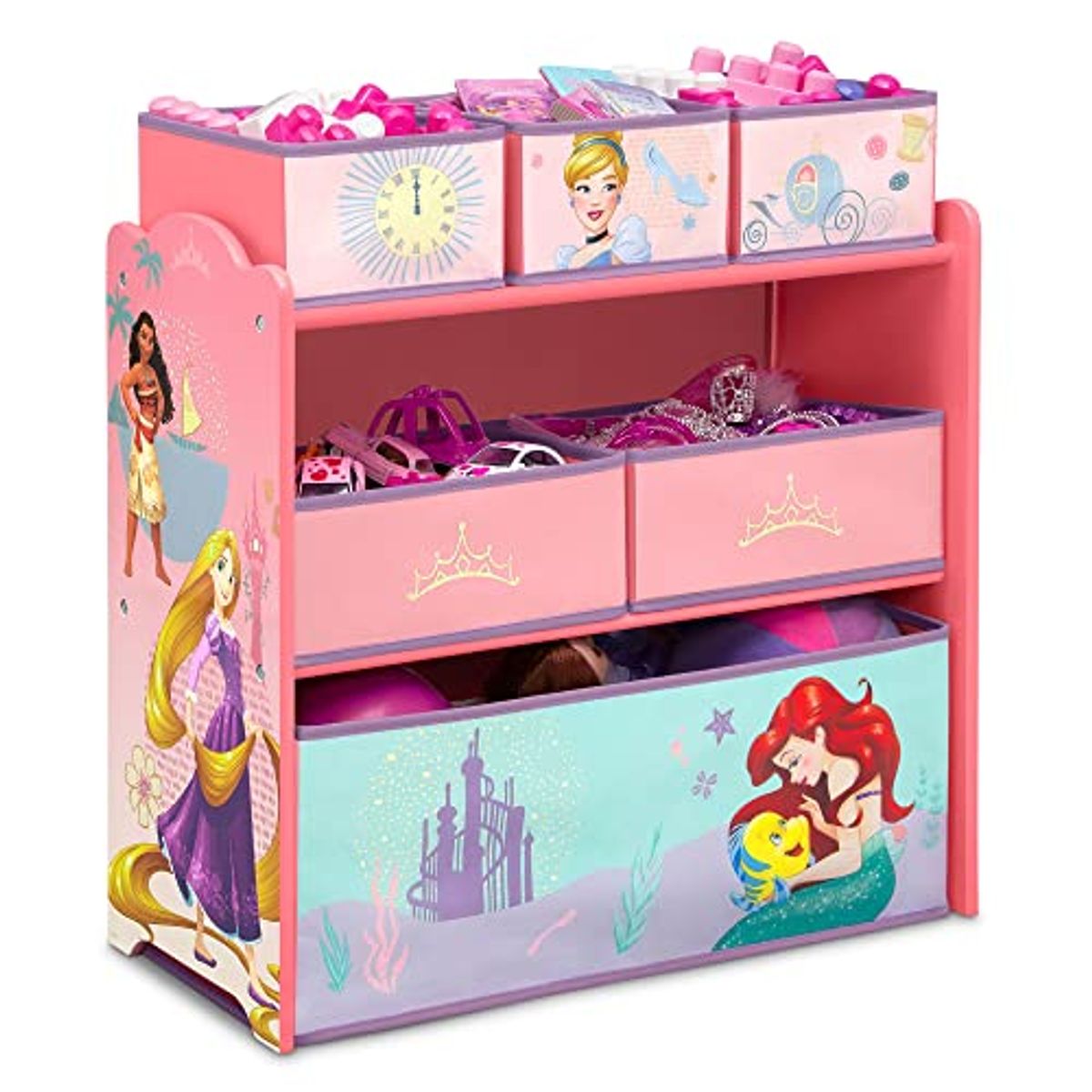 Delta Children Design & Store 6 Bin Toy Storage Organizer, Disney Princess & Deluxe Multi-Bin Toy Organizer with Storage Bins - Greenguard Gold Certified, White/Pink Bins