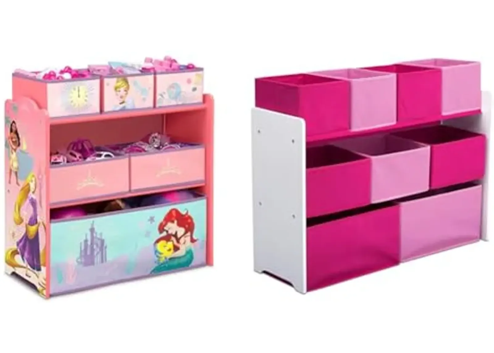 Delta Children Design & Store 6 Bin Toy Storage Organizer, Disney Princess & Deluxe Multi-Bin Toy Organizer with Storage Bins - Greenguard Gold Certified, White/Pink Bins