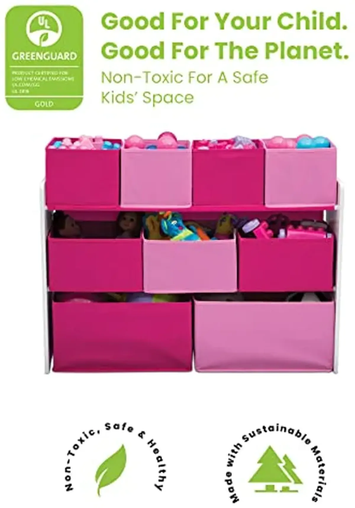 Delta Children MySize Deluxe Toy Box - Greenguard Gold Certified, Grey & Deluxe Multi-Bin Toy Organizer with Storage Bins - Greenguard Gold Certified, White/Pink Bins