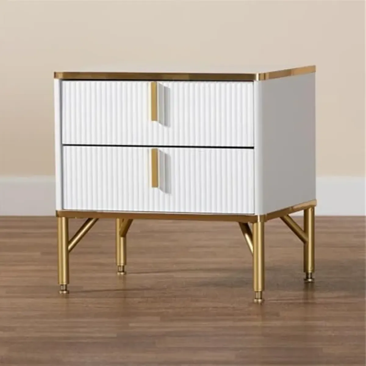 Baxton Studio Lilac Modern Glam White Wood and Gold Metal 2-Drawer Nightstand