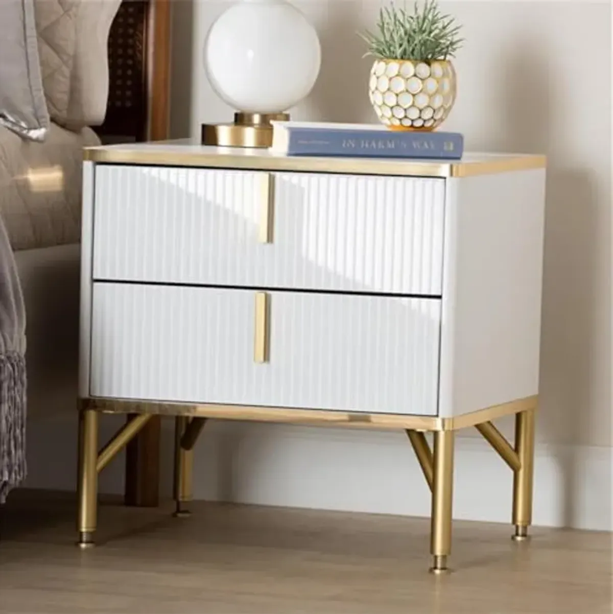 Baxton Studio Lilac Modern Glam White Wood and Gold Metal 2-Drawer Nightstand