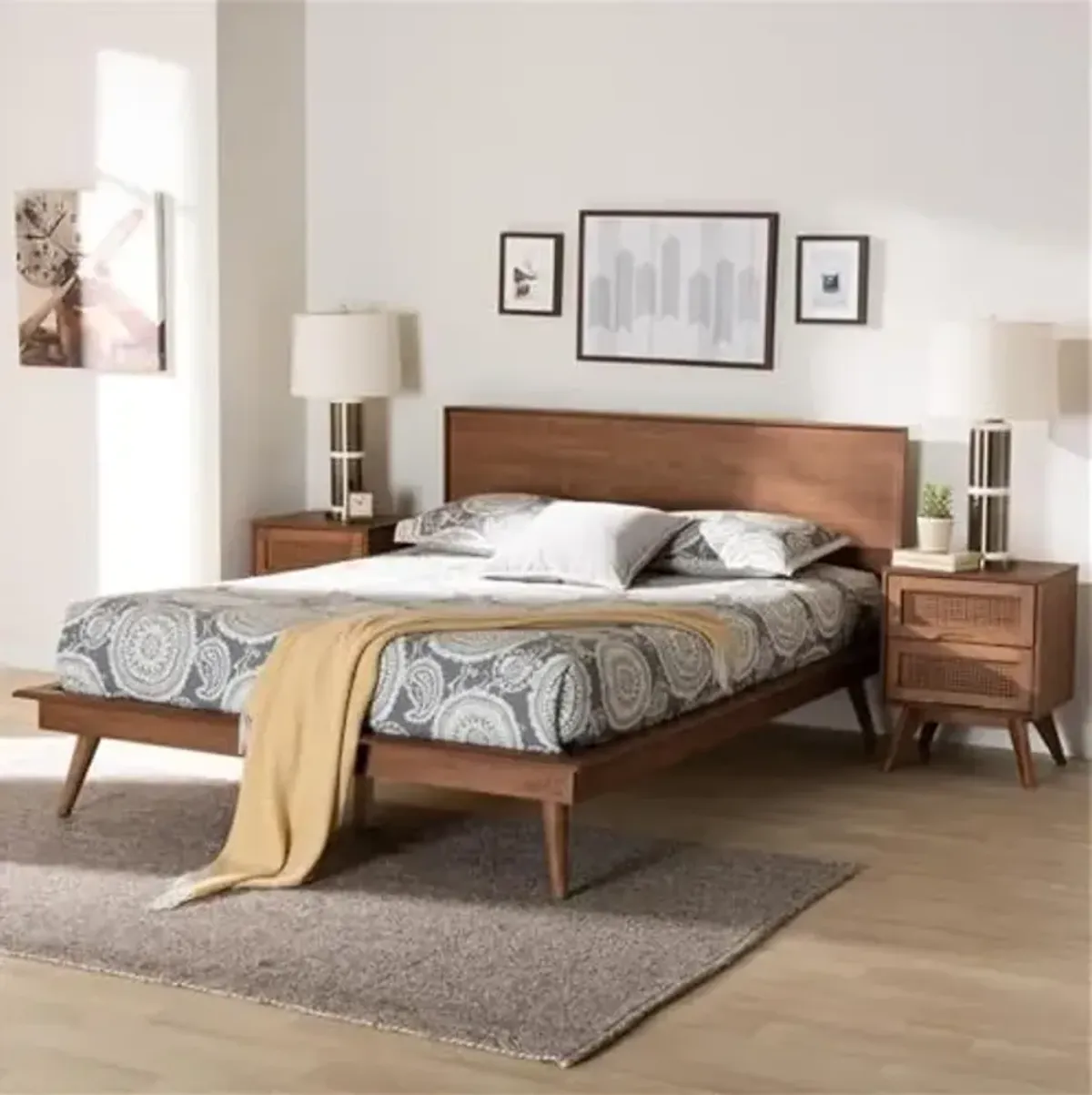 Baxton Studio Melora Brown Wood and Rattan Queen Size 3-Piece Bedroom Set