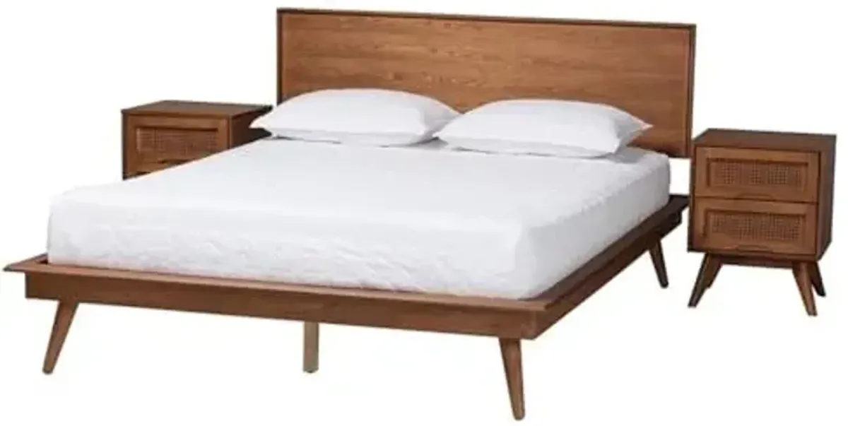 Baxton Studio Melora Brown Wood and Rattan Queen Size 3-Piece Bedroom Set