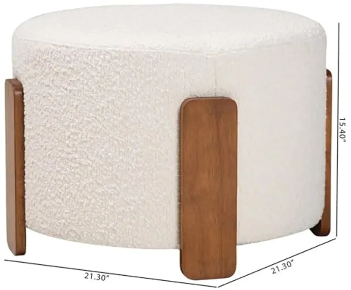 Baxton Studio Finlay Modern Japandi Cream Boucle Fabric and Walnut Brown Finished Wood Ottoman Footstool