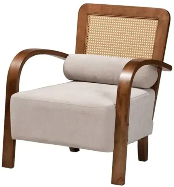 Baxton Studio Sage Light Grey Fabric and Brown Wood Arm Chair with Woven Rattan