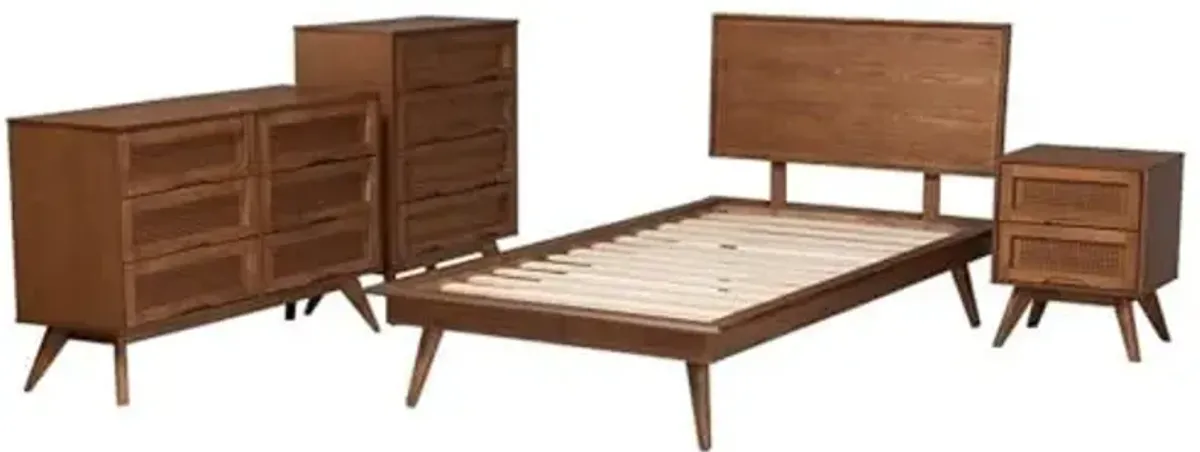 Baxton Studio Melora Mid-Century Modern Walnut Brown Finished Wood and Rattan Twin Size 4-Piece Bedroom Set
