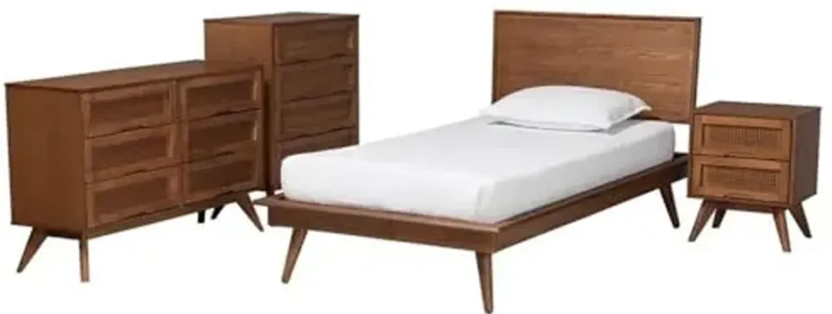 Baxton Studio Melora Mid-Century Modern Walnut Brown Finished Wood and Rattan Twin Size 4-Piece Bedroom Set