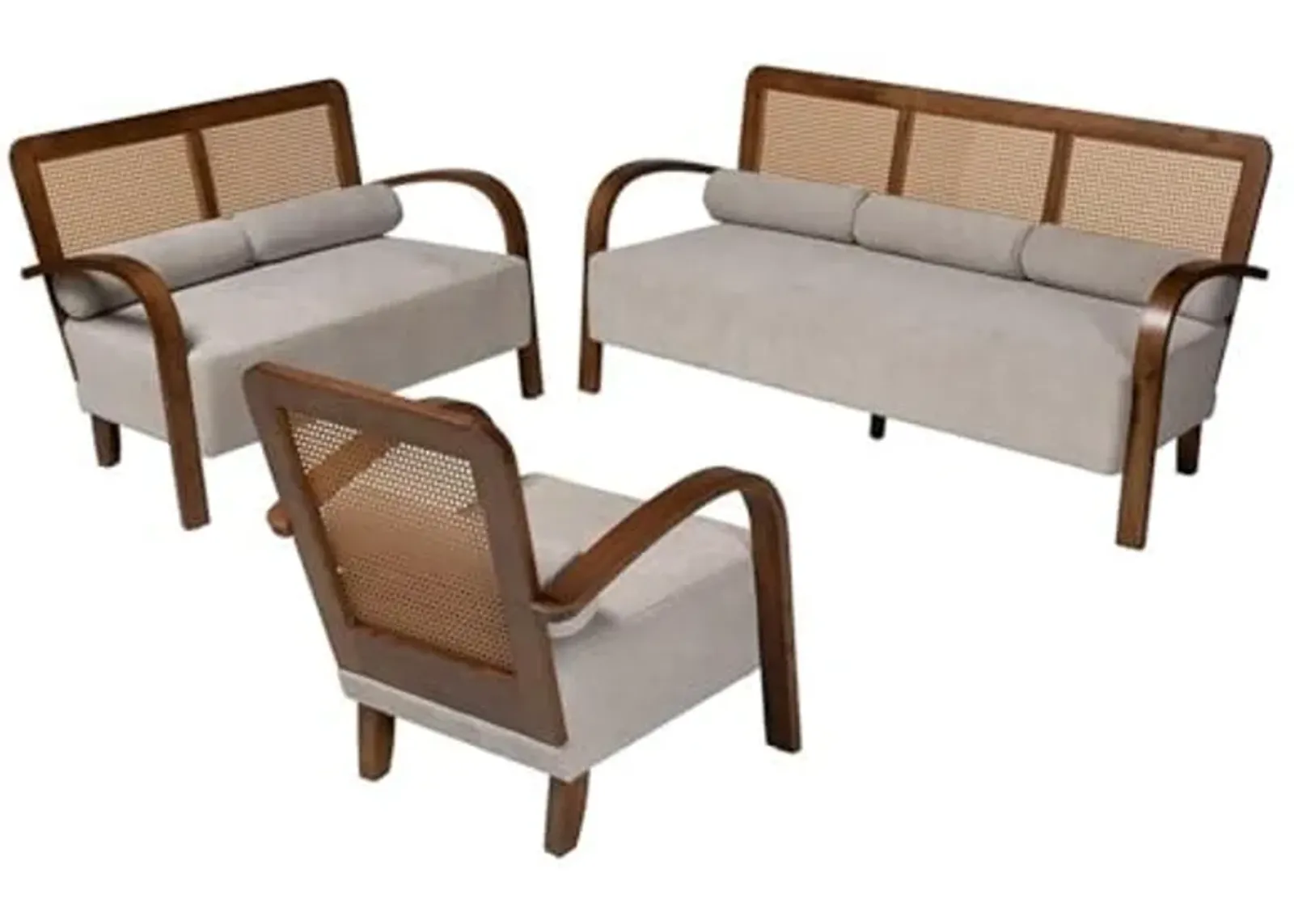 Baxton Studio Sage Modern Japandi Light Grey Fabric and Walnut Brown Finished Wood 3-Piece Living Room Set with Woven Rattan