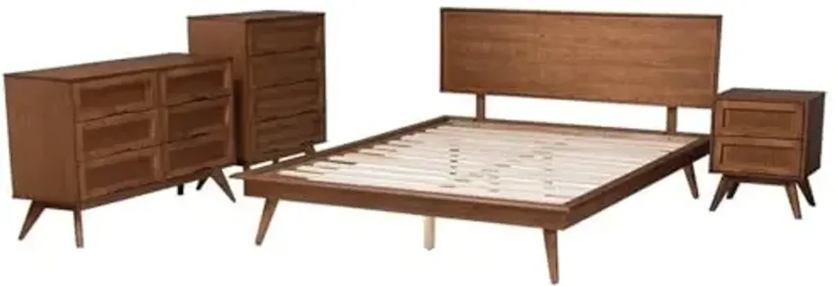 Baxton Studio Melora Mid-Century Modern Walnut Brown Finished Wood and Rattan Queen Size 4-Piece Bedroom Set