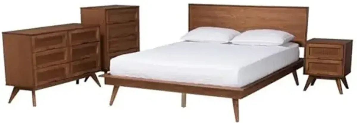 Baxton Studio Melora Mid-Century Modern Walnut Brown Finished Wood and Rattan Queen Size 4-Piece Bedroom Set
