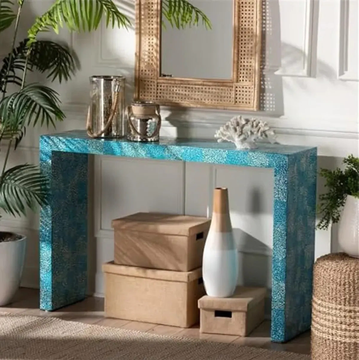 Baxton Studio Veruca Modern Bohemian Turquoise Mother of Pearl Console Table