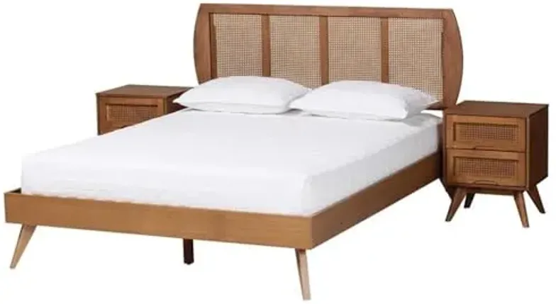 Baxton Studio Asami Brown Wood and Woven Rattan Full Size 3-Piece Bedroom Set