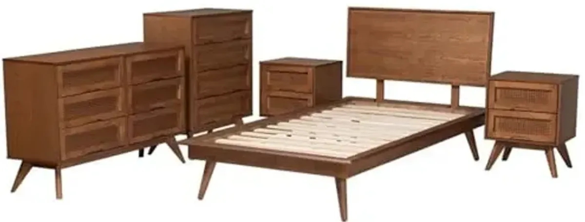 Baxton Studio Melora Walnut Brown Wood and Rattan Twin Size 5-Piece Bedroom Set