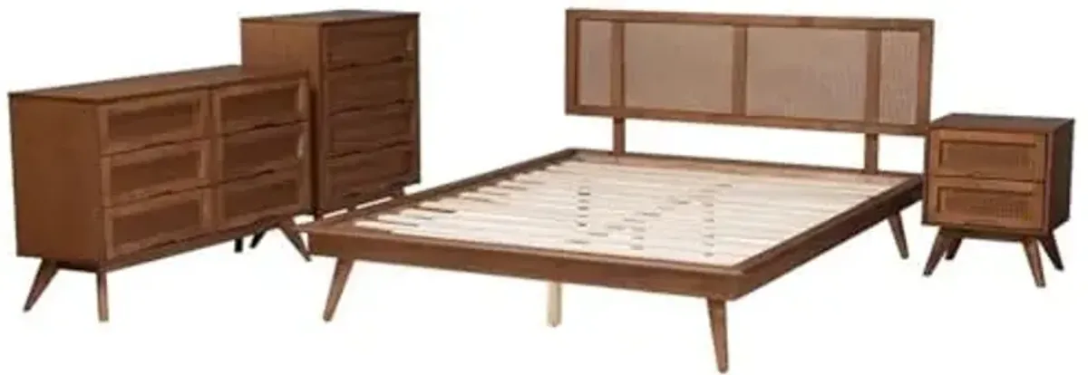 Baxton Studio Nura Mid-Century Modern Walnut Brown Finished Wood and Rattan Queen Size 4-Piece Bedroom Set