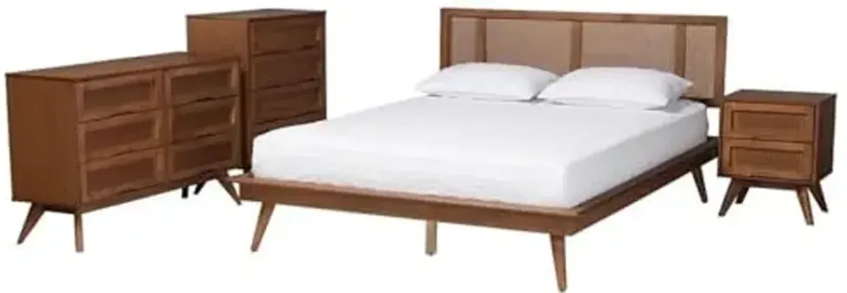 Baxton Studio Nura Mid-Century Modern Walnut Brown Finished Wood and Rattan Queen Size 4-Piece Bedroom Set