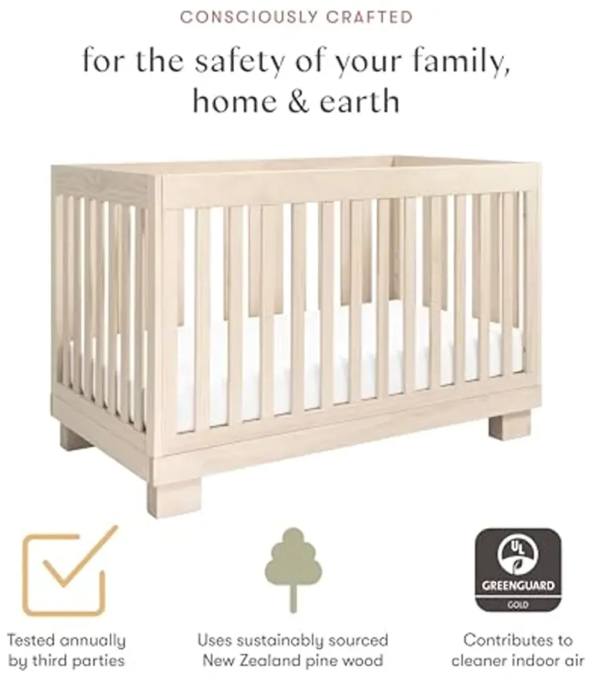 babyletto Modo 3-in-1 Convertible Crib with Toddler Bed Conversion Kit in Washed Natural, Greenguard Gold Certified