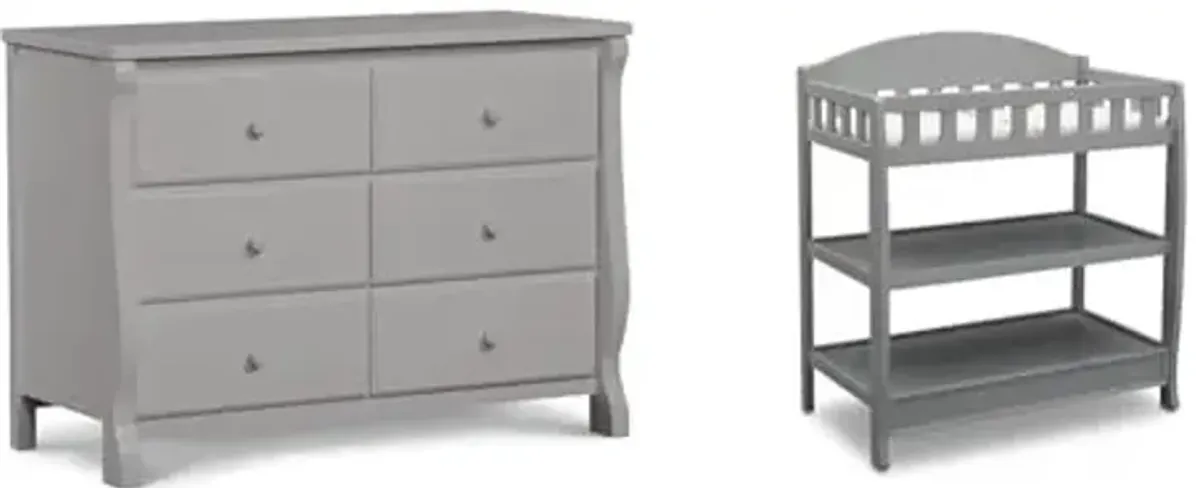 Delta Children Universal 6 Drawer Dresser with Interlocking Drawers - Greenguard Gold Certified, Grey & Infant Changing Table with Pad, Grey