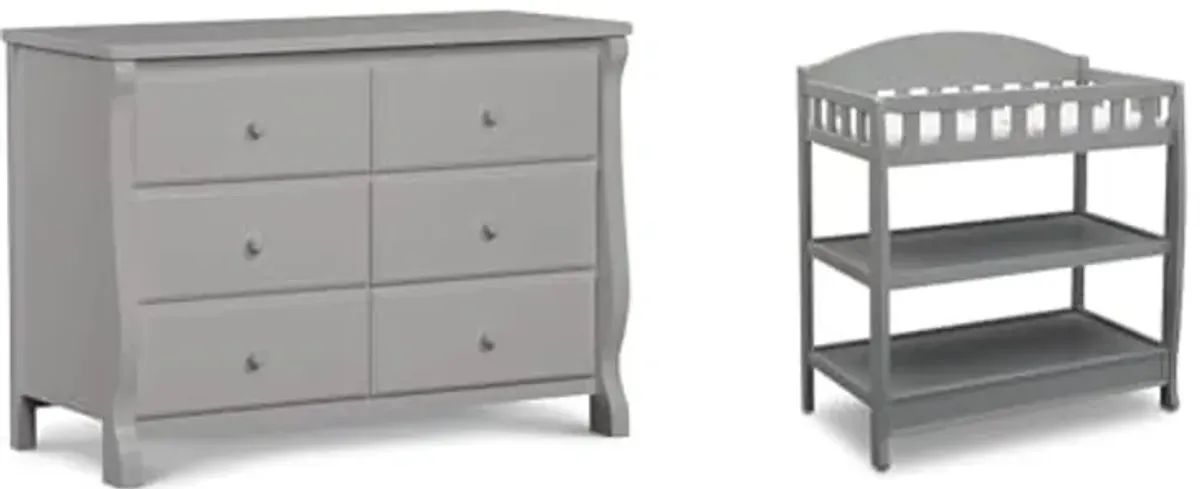 Delta Children Universal 6 Drawer Dresser with Interlocking Drawers - Greenguard Gold Certified, Grey & Infant Changing Table with Pad, Grey