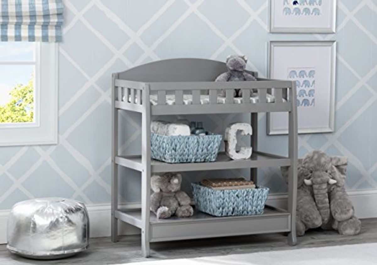 Delta Children Perry 6-in-1 Convertible Crib - Greenguard Gold Certified, Moonstruck Grey & Infant Changing Table with Pad, Grey