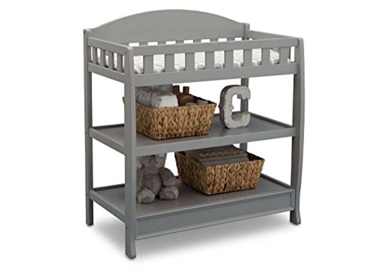 Delta Children Perry 6-in-1 Convertible Crib - Greenguard Gold Certified, Moonstruck Grey & Infant Changing Table with Pad, Grey