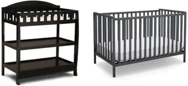 Delta Children Infant Changing Table with Pad, Black & Heartland 4-in-1 Convertible Crib - Greenguard Gold Certified, Charcoal Grey