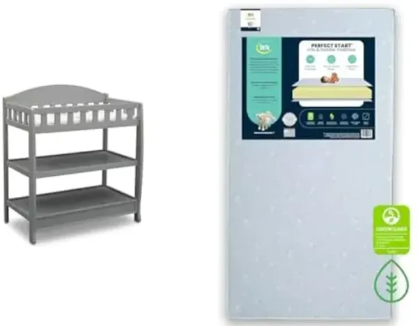 Delta Children Infant Changing Table with Pad, Grey & Serta Perfect Start Dual Sided Baby Crib Mattress & Toddler Mattress - Waterproof
