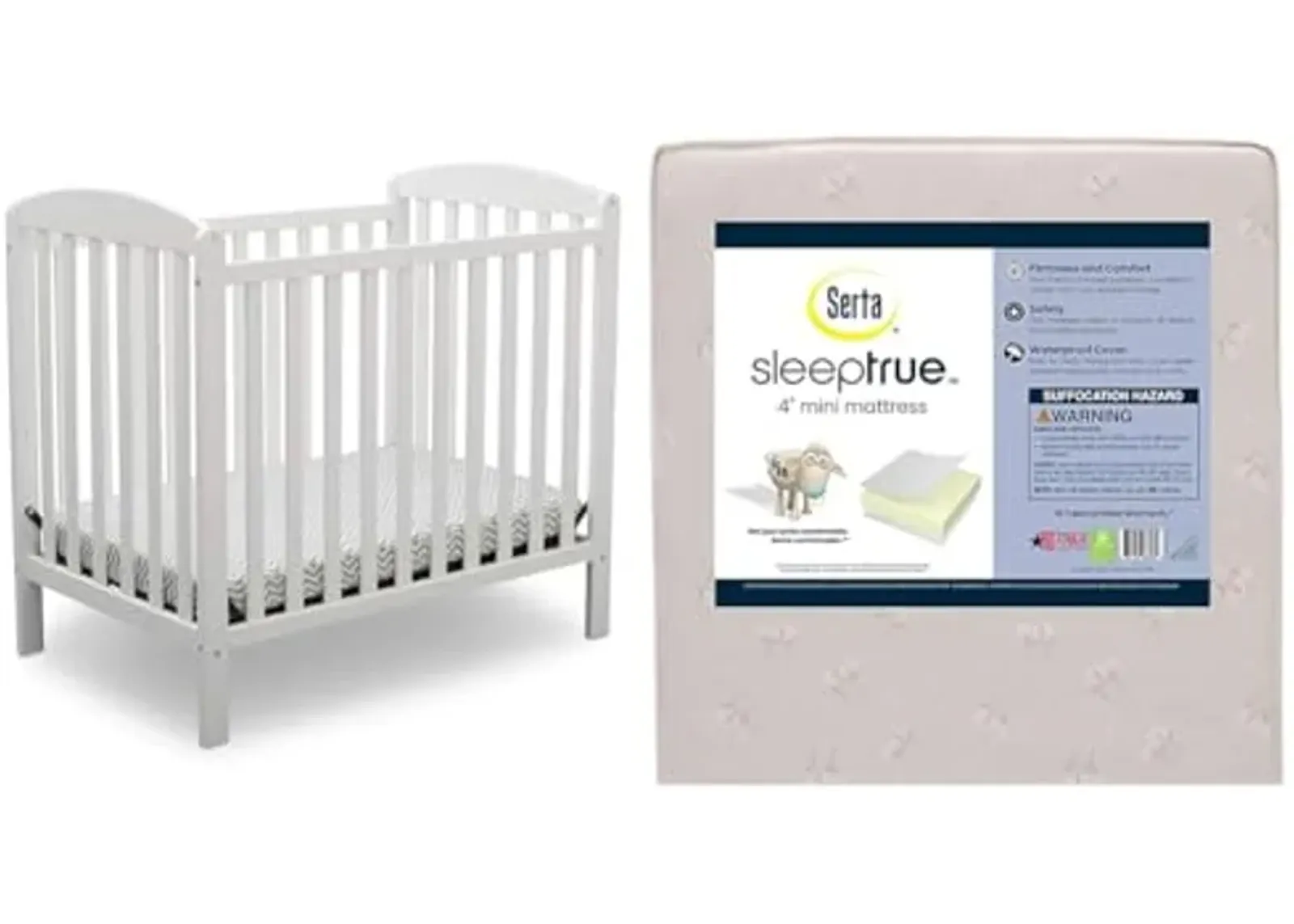 Delta Children Emery Mini Convertible Baby Crib with 2.75-inch Mattress, Bianca White & Serta SleepTrue Mini Crib Mattress, Premium Sustainably Sourced Fiber Core