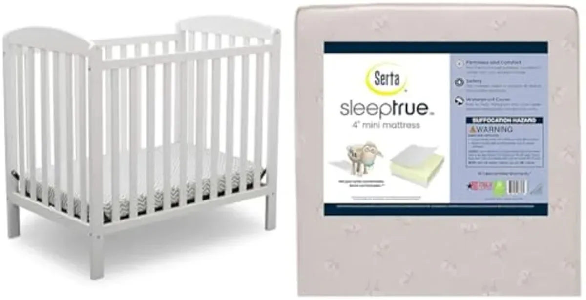 Delta Children Emery Mini Convertible Baby Crib with 2.75-inch Mattress, Bianca White & Serta SleepTrue Mini Crib Mattress, Premium Sustainably Sourced Fiber Core