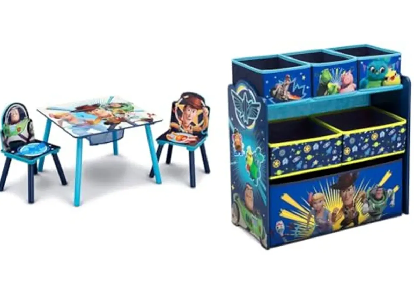 Delta Children Kids Table and Chair Set with Storage (2 Chairs Included) - Ideal for Arts & Crafts, Snack Time & Disney/Pixar Toy Story 4 6 Bin Design and Store Toy Organizer