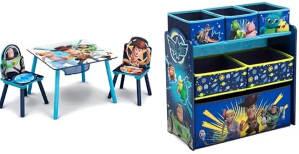 Delta Children Kids Table and Chair Set with Storage (2 Chairs Included) - Ideal for Arts & Crafts, Snack Time & Disney/Pixar Toy Story 4 6 Bin Design and Store Toy Organizer