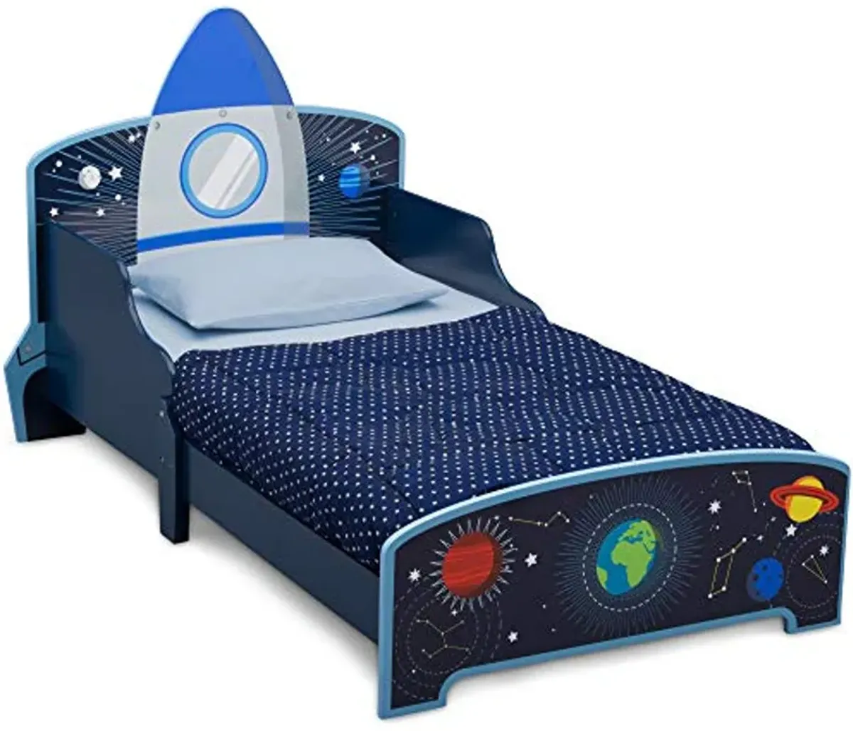 Delta Children Space Adventures Rocket Ship Wood Toddler Bed - Greenguard Gold Certified, Blue & Space Adventures Kids Upholstered Chair, Blue