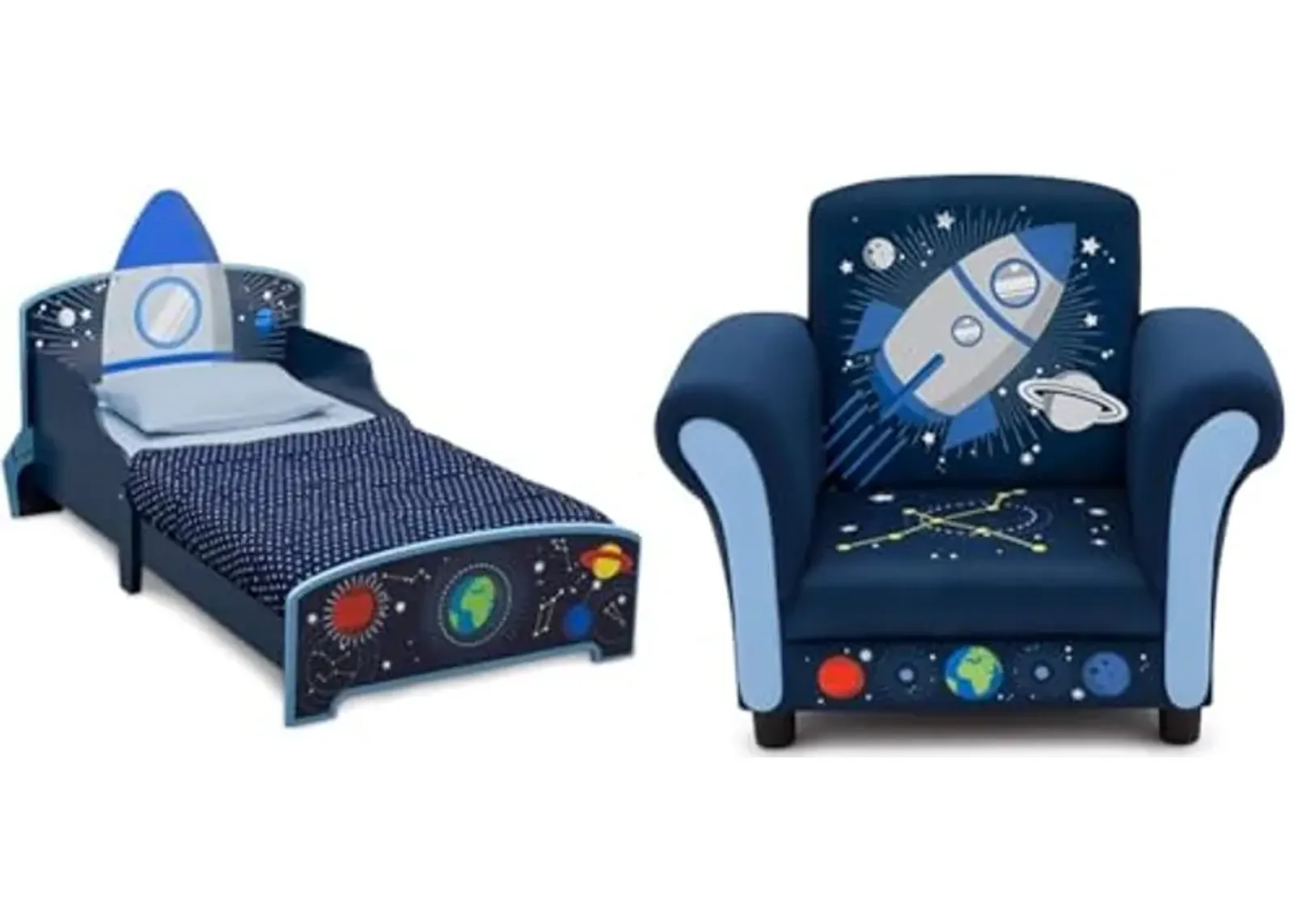 Delta Children Space Adventures Rocket Ship Wood Toddler Bed - Greenguard Gold Certified, Blue & Space Adventures Kids Upholstered Chair, Blue