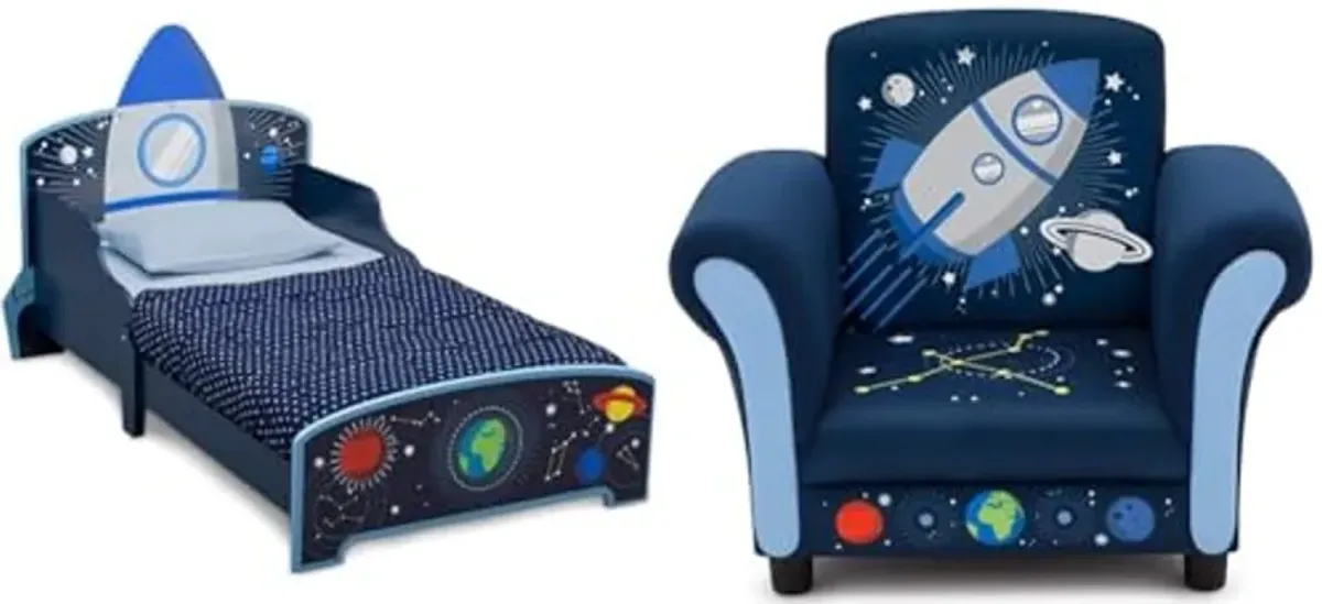 Delta Children Space Adventures Rocket Ship Wood Toddler Bed - Greenguard Gold Certified, Blue & Space Adventures Kids Upholstered Chair, Blue