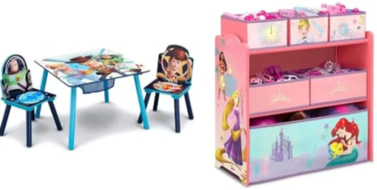 Delta Children Kids Table and Chair Set with Storage (2 Chairs Included) - Ideal for Arts & Crafts, Snack Time, Homeschooling & Design & Store 6 Bin Toy Storage Organizer, Disney Princess