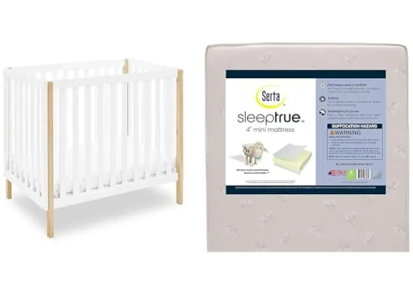 Delta Children Gio Mini Crib with 2.75" Mattress Included, Bianca White/Natural & Serta SleepTrue Mini Crib Mattress, Premium Sustainably Sourced Fiber Core