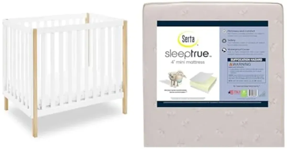 Delta Children Gio Mini Crib with 2.75" Mattress Included, Bianca White/Natural & Serta SleepTrue Mini Crib Mattress, Premium Sustainably Sourced Fiber Core