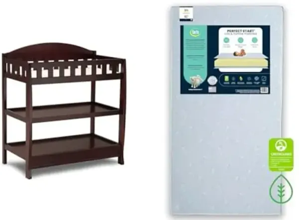 Delta Children Infant Changing Table with Pad, Espresso Cherry & Serta Perfect Start Dual Sided Baby Crib Mattress & Toddler Mattress - Waterproof