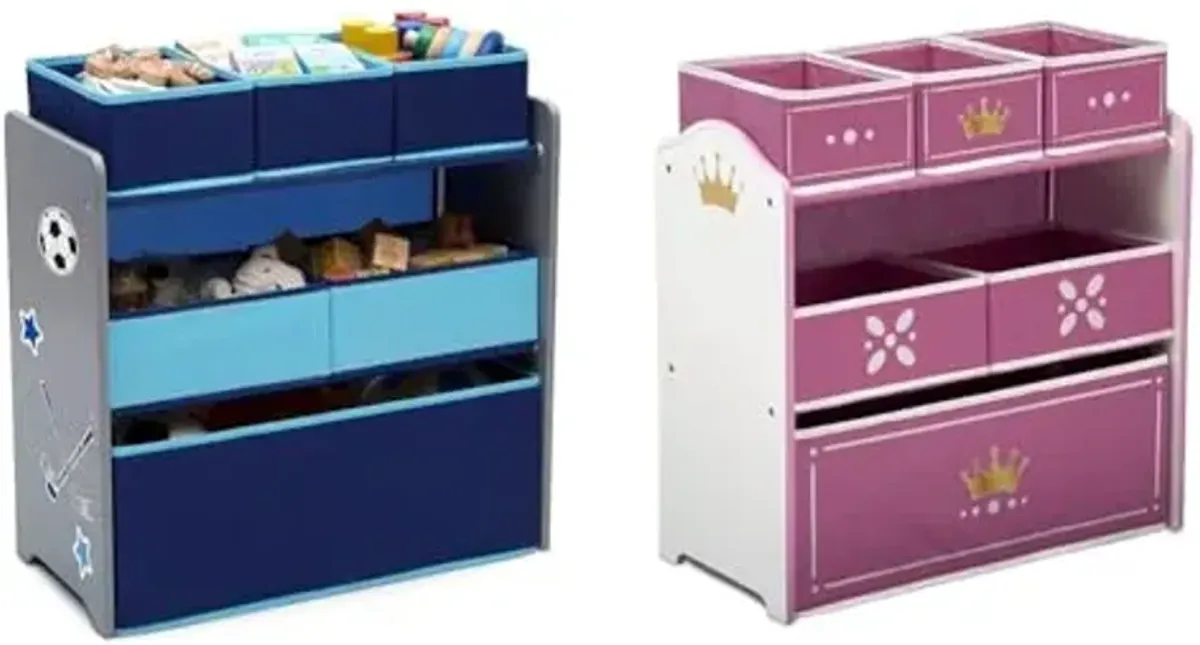 Delta Children Design and Store 6 Bin Toy Organizer, Grey/Blue & Princess Crown Design & Store 6 Bin Toy Storage Organizer - Greenguard Gold Certified
