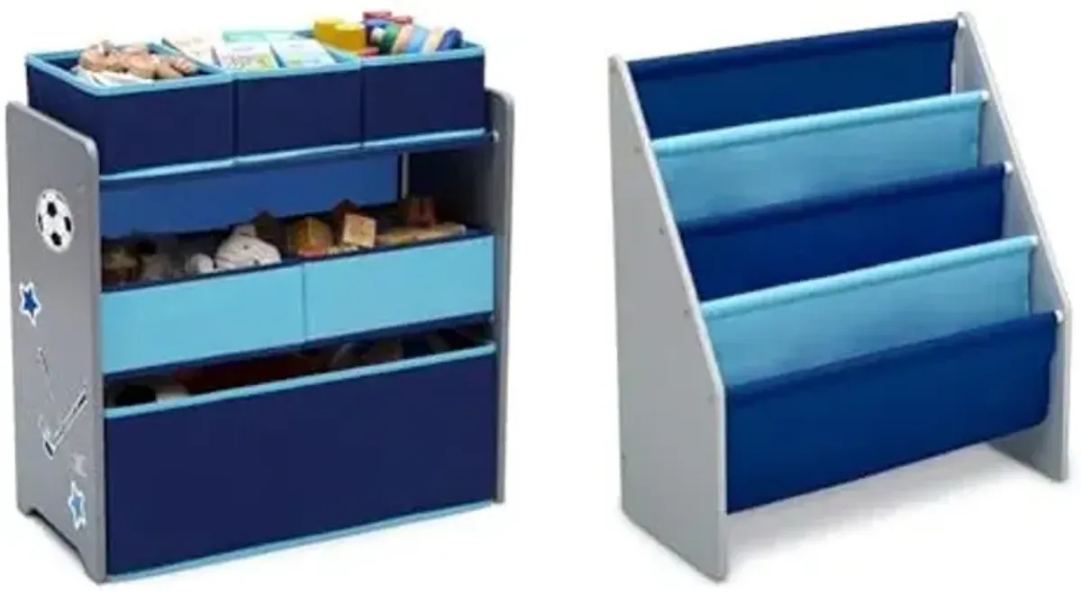 Delta Children Design and Store 6 Bin Toy Organizer, Grey/Blue & Sling Book Rack Bookshelf for Kids - Easy-to-Reach Storage for Books, Magazines