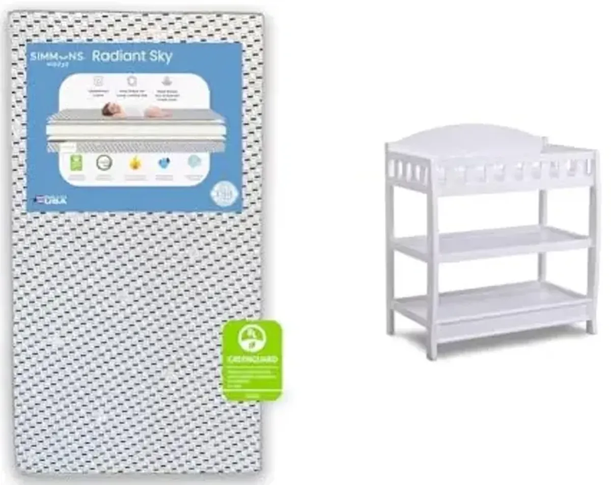 Delta Children Simmons Kids Radiant Sky Dual Sided Baby Crib Mattress and Toddler Mattress, Waterproof & Infant Changing Table with Pad, White