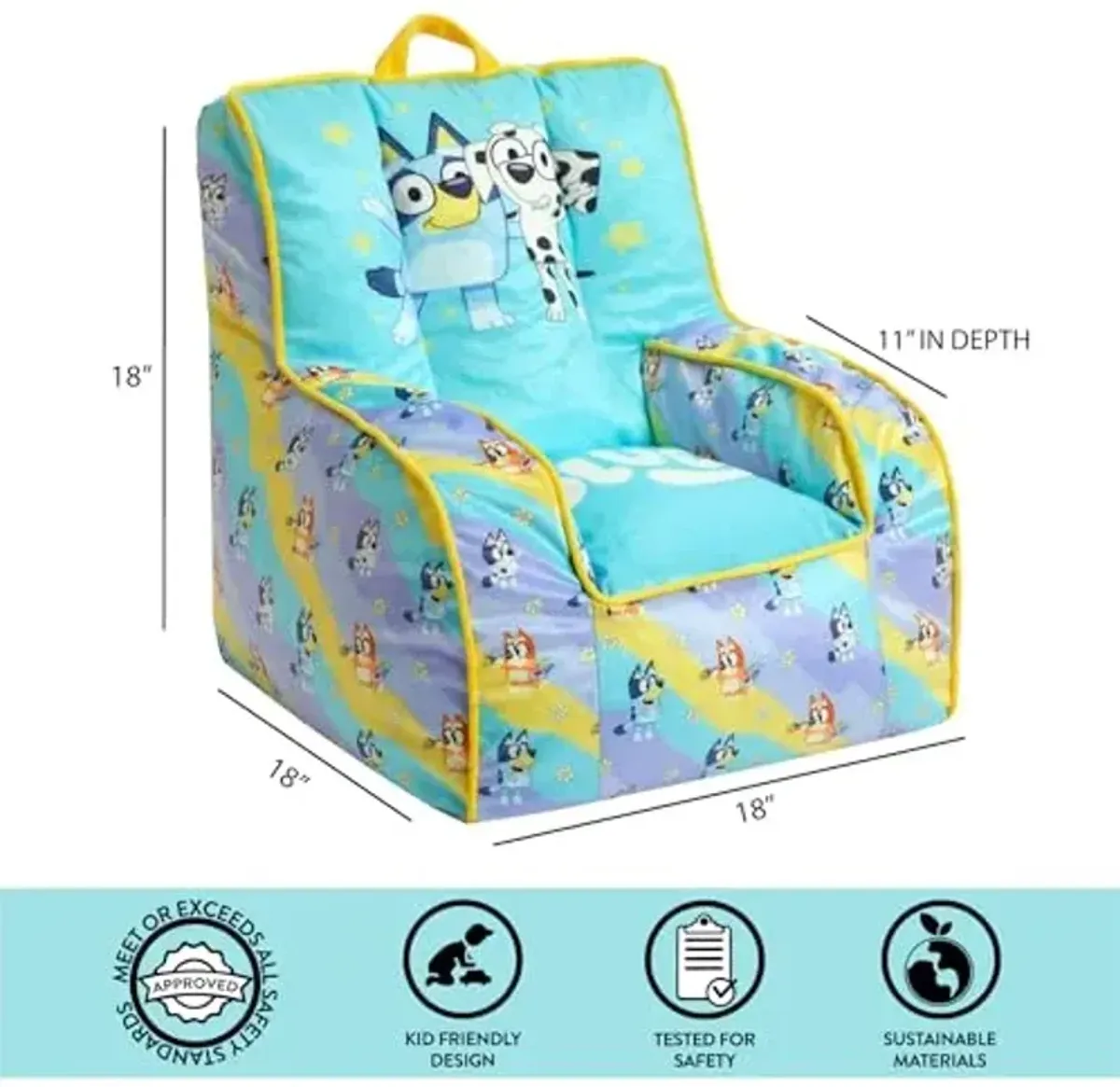 Idea Nuova Bluey & Chloe Kids Micromink Bean Bag Sofa Chair,Soft Padded Toddler Seat with Piping & Carry Handle,Cozy Lounge Chair for Ages 3+,Blue