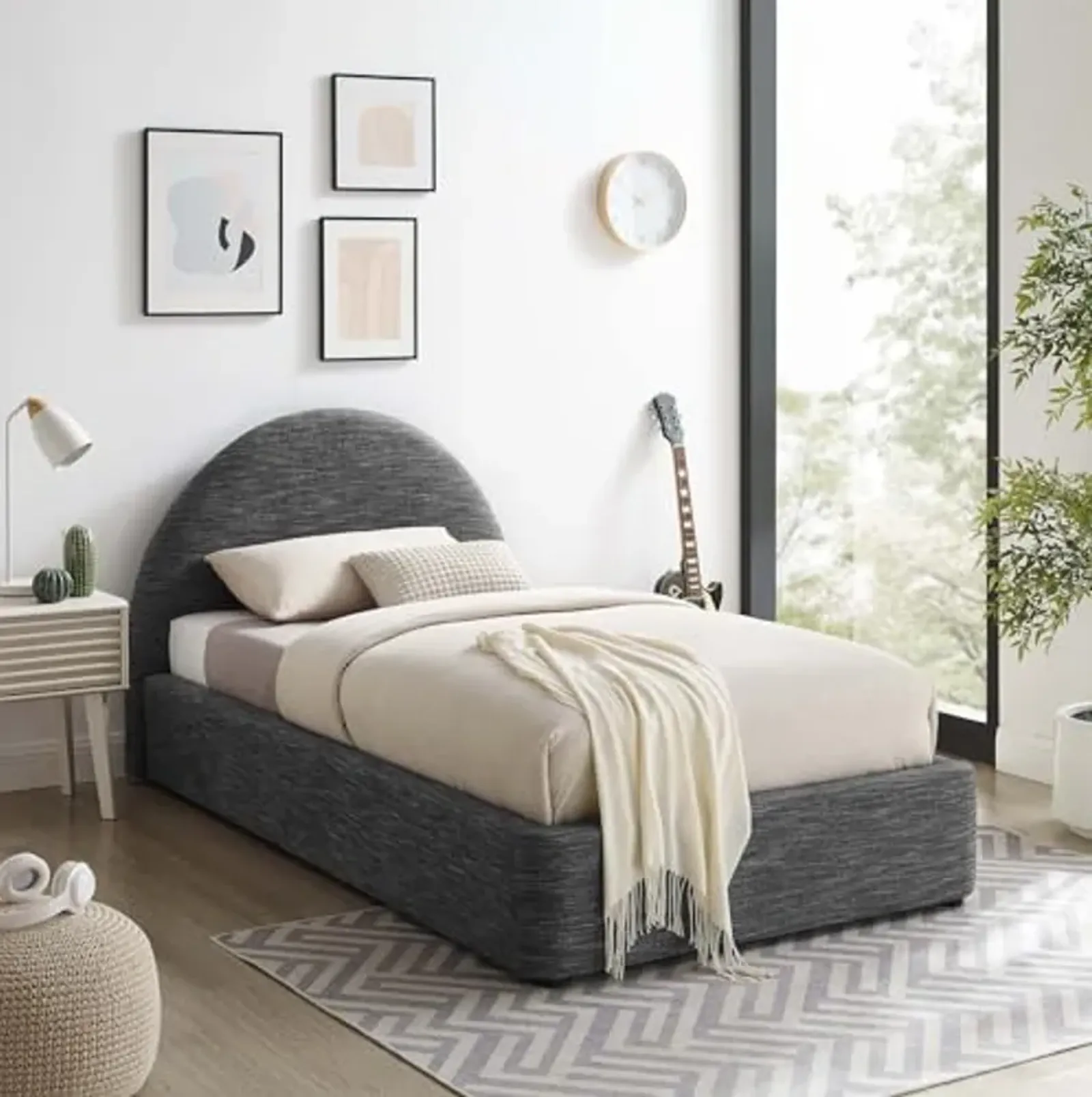 Modway Resort Twin Size Platform Bed with Arch Shaped Round Headboard in Heathered Weave Slate, Woven Heathered Fabric Upholstery, Soft Cloud Bed Frame, No Box Spring Needed, Strong Wood Slats