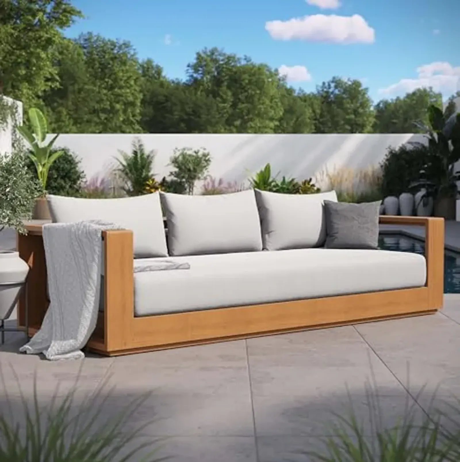 Modway Tahoe Acacia Wood Outdoor Patio Sofa in Natural Light Gray with Weather-Resistant Cushions - Ideal as a Porch Couch or Sunroom Sofa