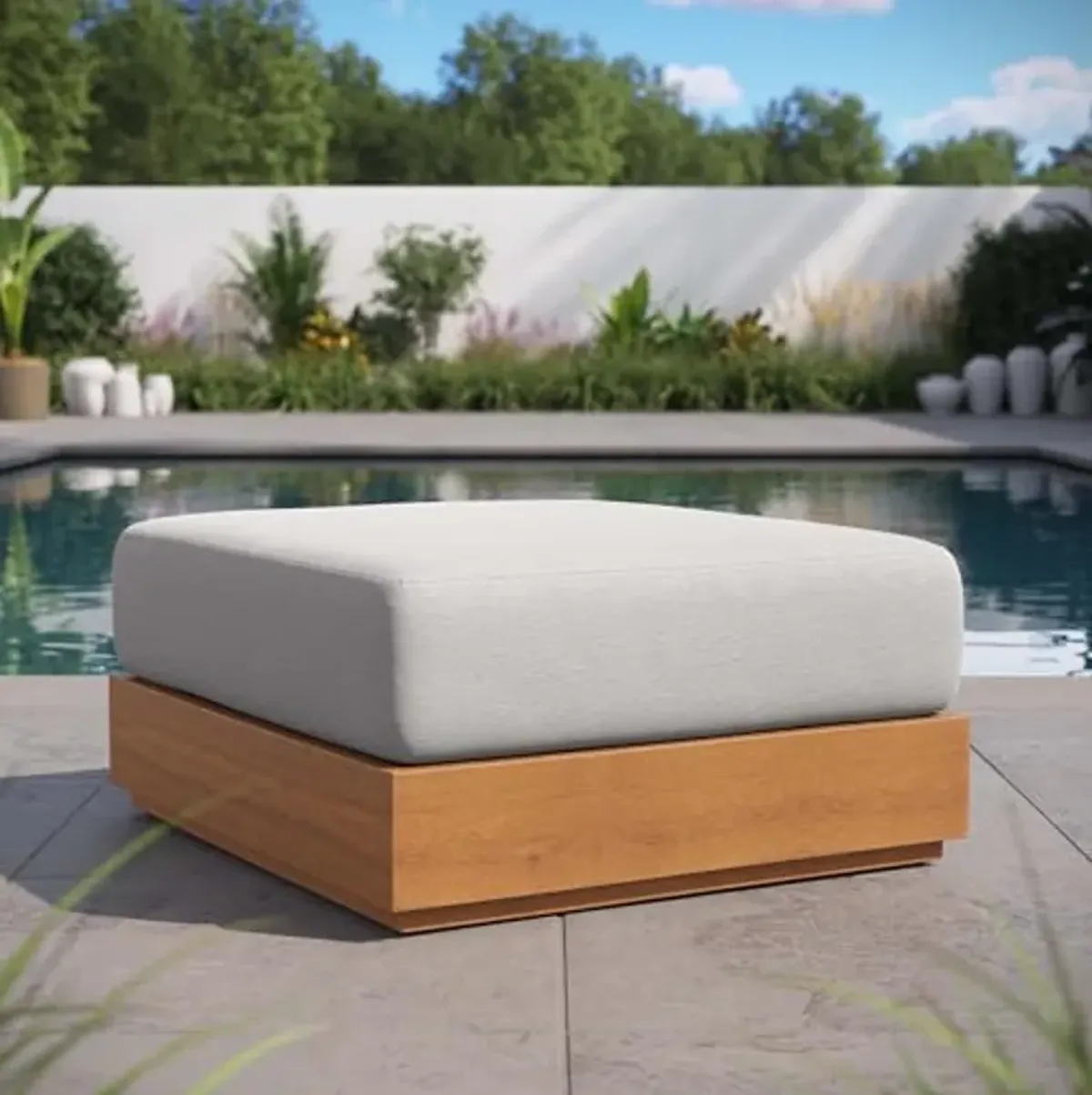 Modway Tahoe Acacia Wood Outdoor Ottoman in Natural Light Gray with Weather-Resistant Cushion - Ideal as Outdoor Footstool or Sunroom Furniture Accessory